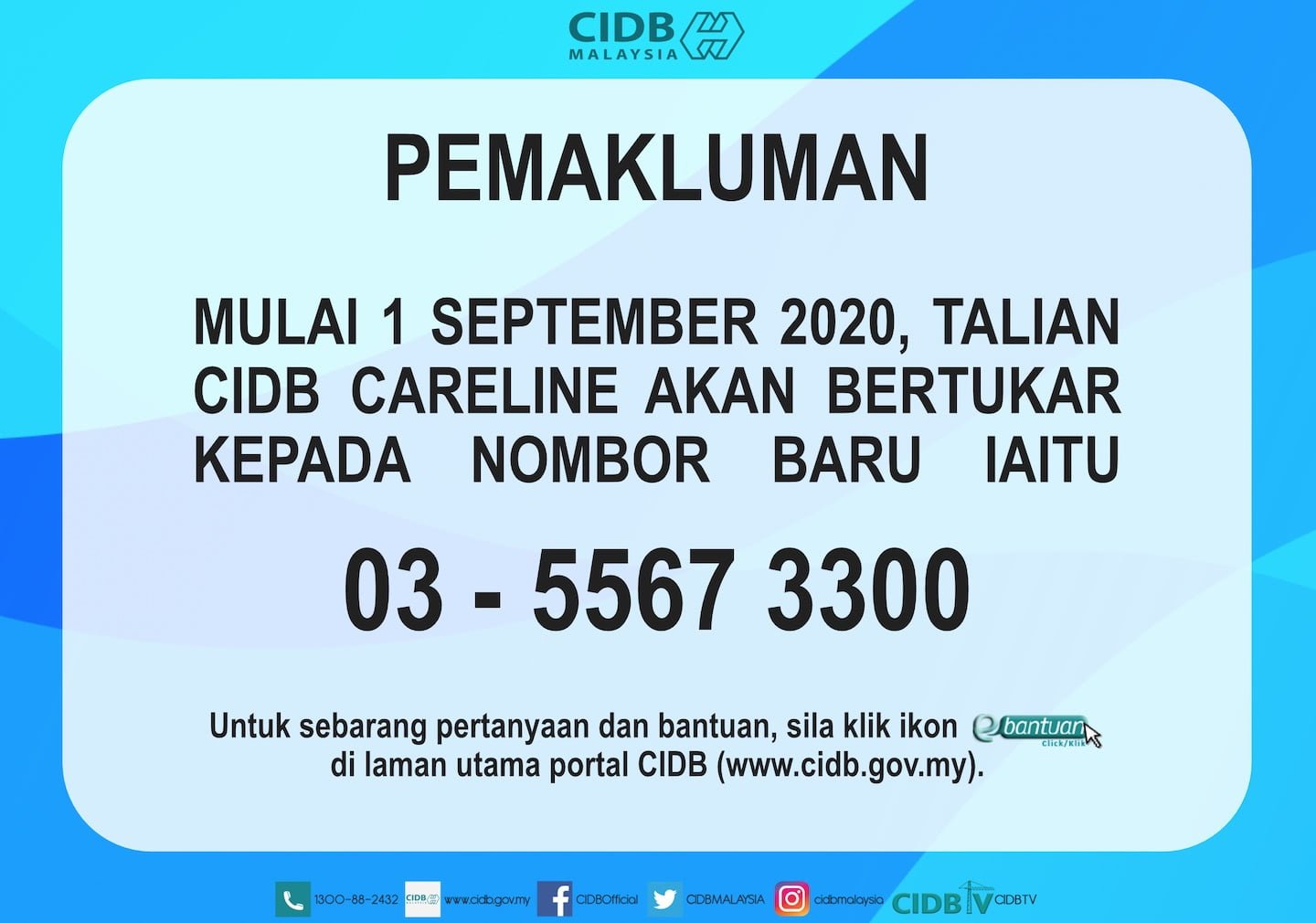 Pertukaran Nombor Telefon CIDB Careline 0355673300