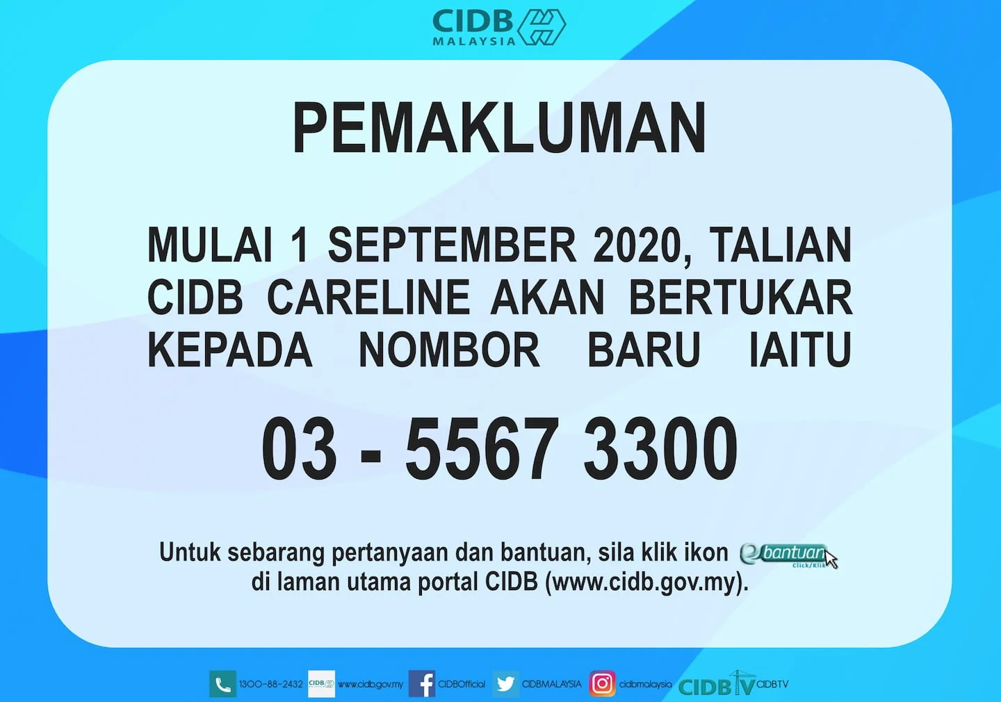 Pertukaran Nombor Telefon CIDB Careline 0355673300