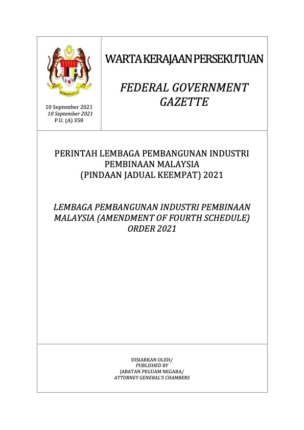 warta Kerajaan Persekutuan: Perintah Lembaga Pembangunan Industri Pembinaan Malaysia (Pindaan Jadual Keempat) 2021 03