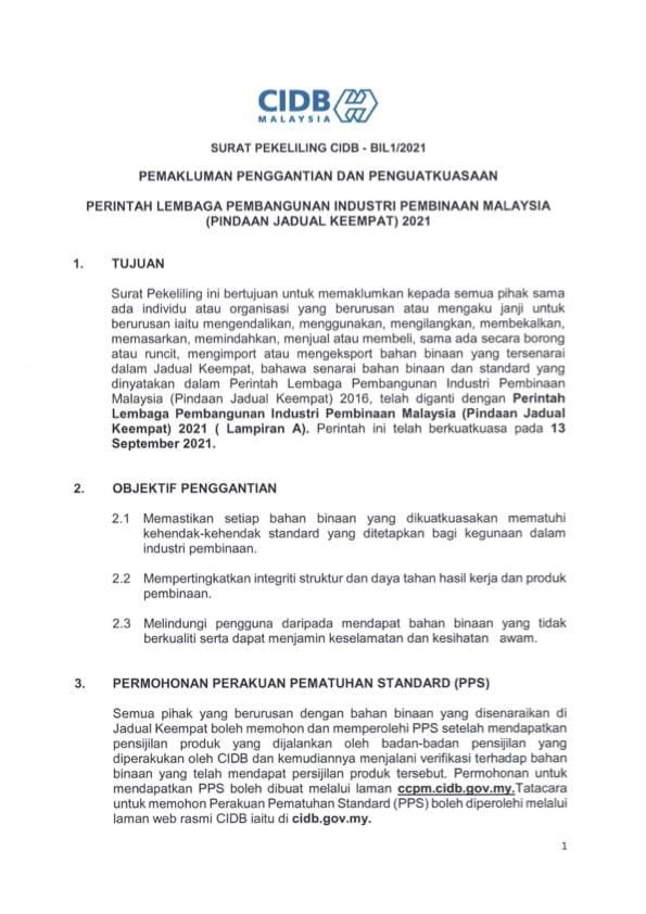 Warta Kerajaan Persekutuan: Perintah Lembaga Pembangunan Industri Pembinaan Malaysia (Pindaan Jadual Keempat) 2021 02