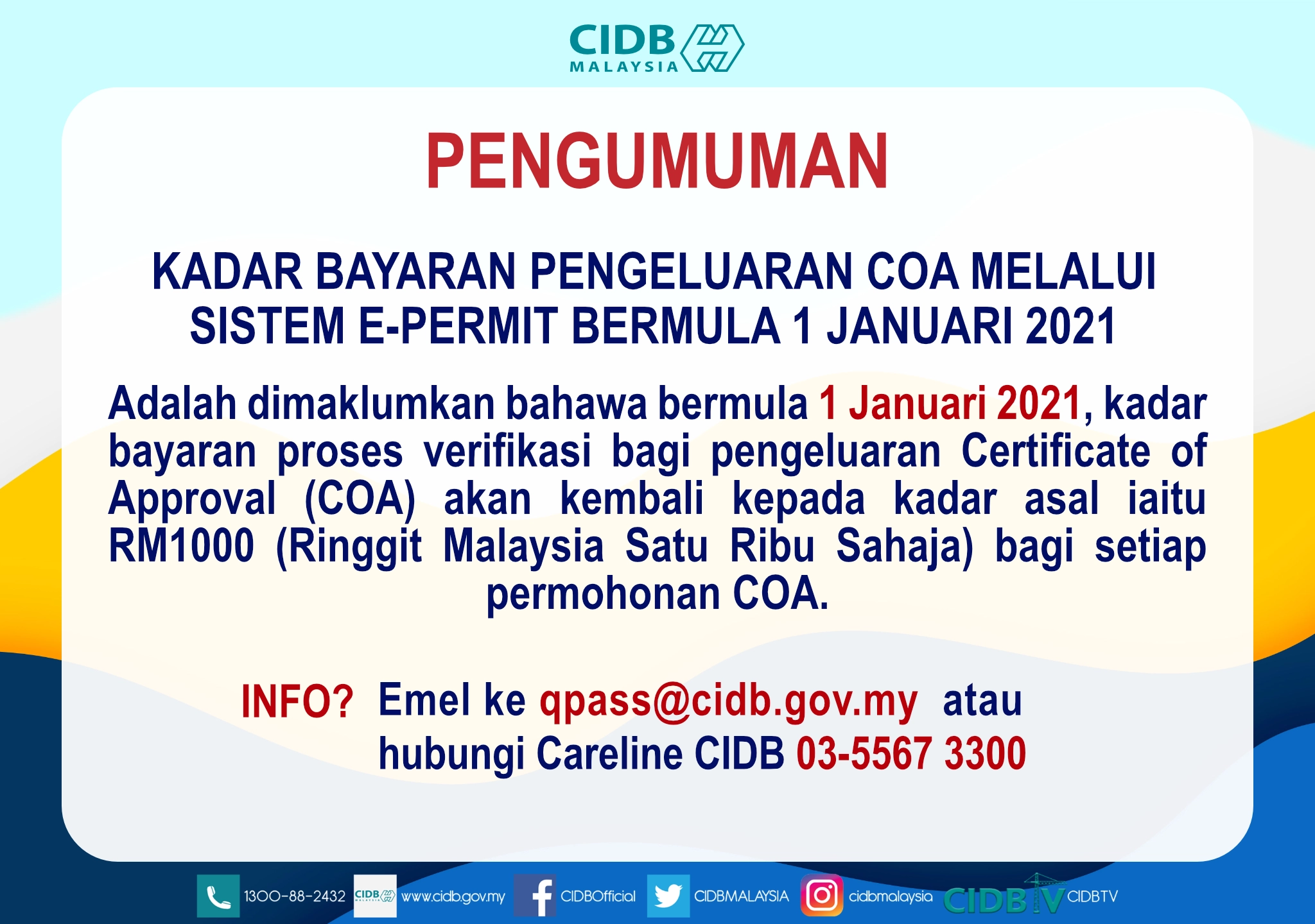 Kadar Bayaran Pengeluaran COA Melalui Sistem e-Permit Bermula 1 Januari 2021