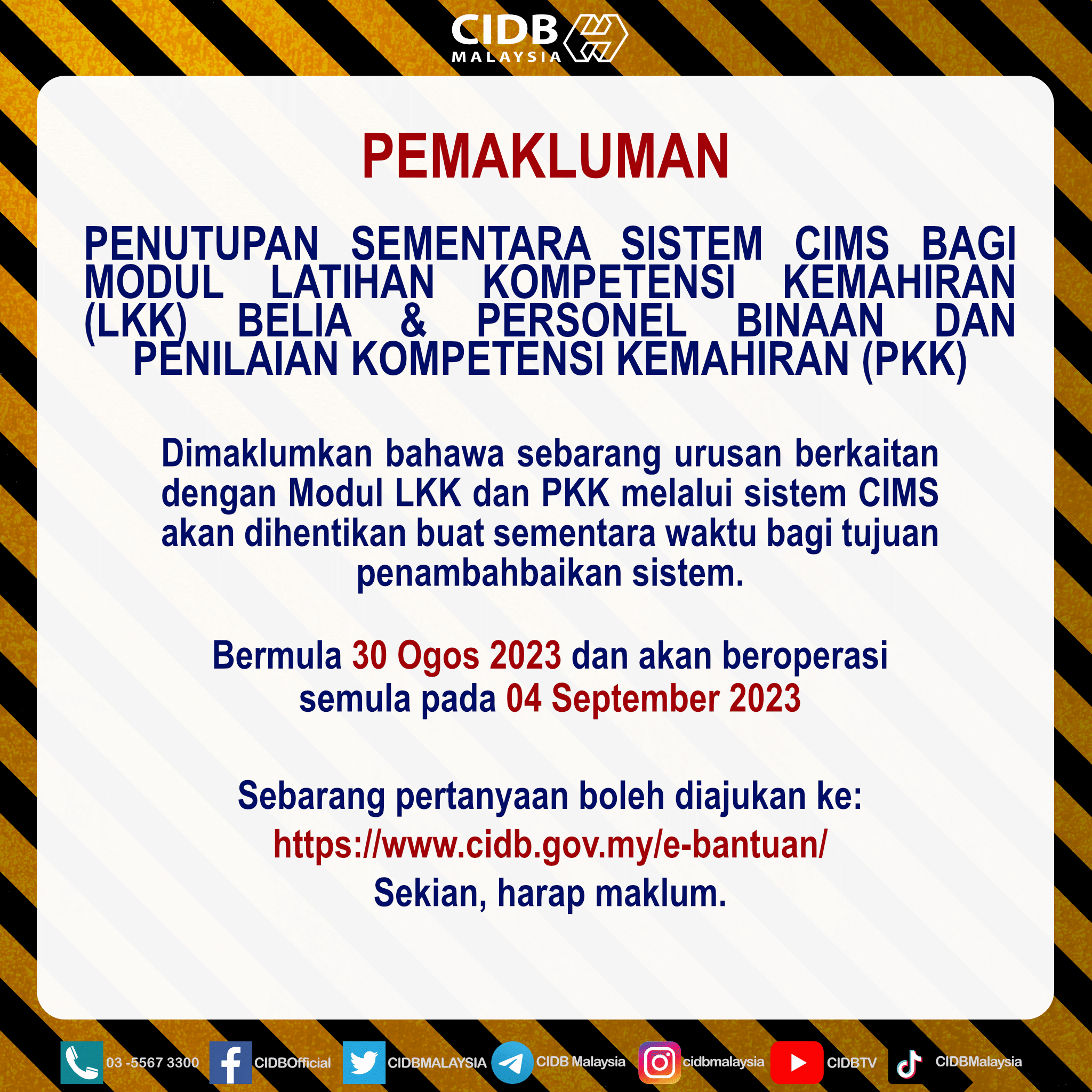 Penutupan Sementara Sistem Cims Bagi Modul Lkk Belia & Personel Binaan Dan Pkk